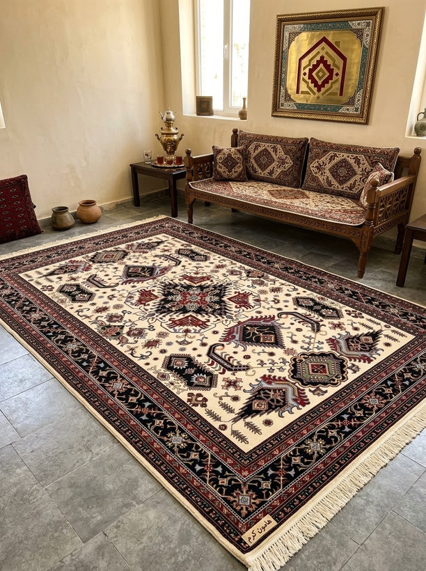 فرش لیلی کلکسیون اشرافی مدل هامون کرم ۱۲۰۰شانه ۳۶۰۰ تراکم
