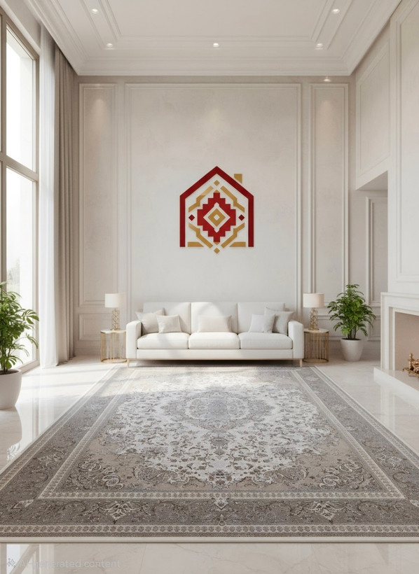 فرش تندیس ماندگار مدل ۱۷۰۵ کرم حاشیه خاکستری ۱۵۰۰شانه تراکم ۴۵۰۰
