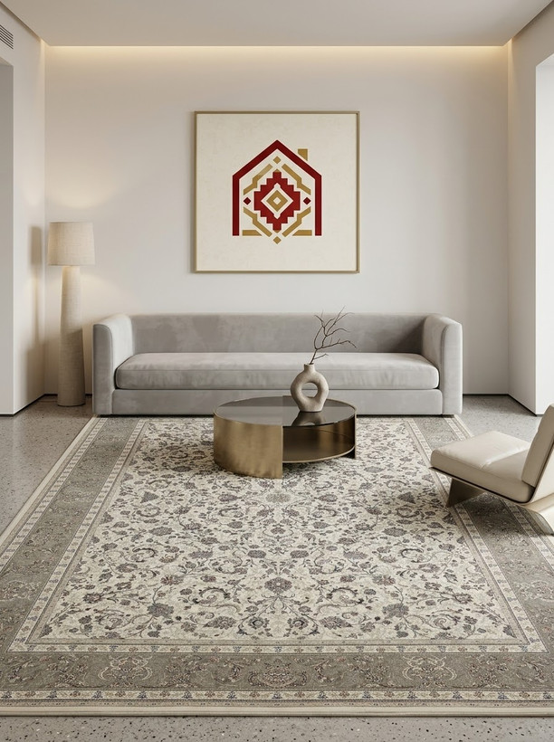 فرش تندیس ماندگار مدل افشان ۱۷۰۱ کرم حاشیه خاکستری ۱۵۰۰ شانه ۴۵۰۰ تراکم