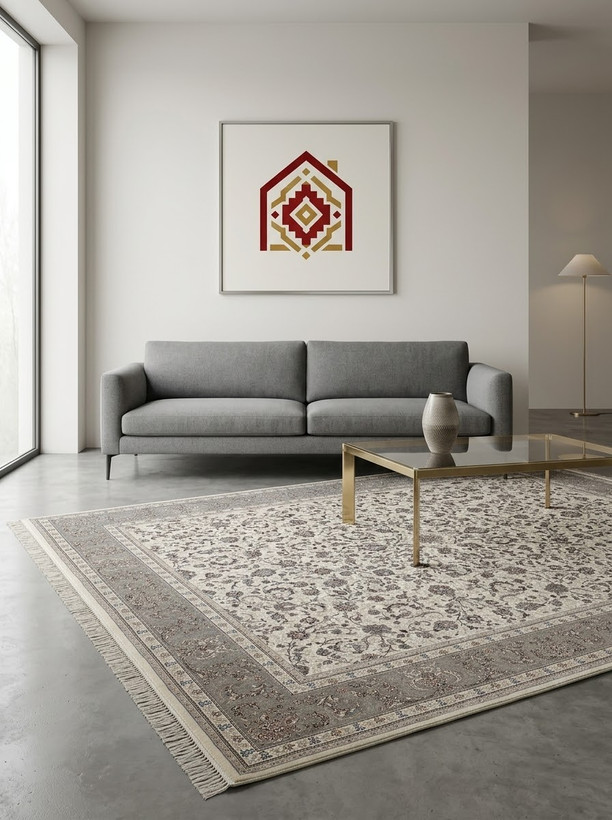 فرش تندیس ماندگار مدل افشان ۱۷۰۱ کرم حاشیه خاکستری ۱۵۰۰ شانه ۴۵۰۰ تراکم