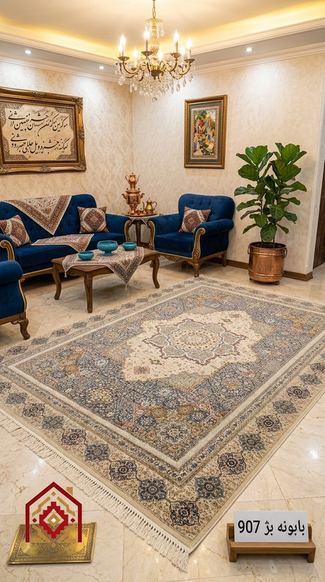 فرش تندیس کاشان پالت دریا بابونه بژ کد ۹۰۷ شانه ۷۰۰ تراکم ۲۵۵۰